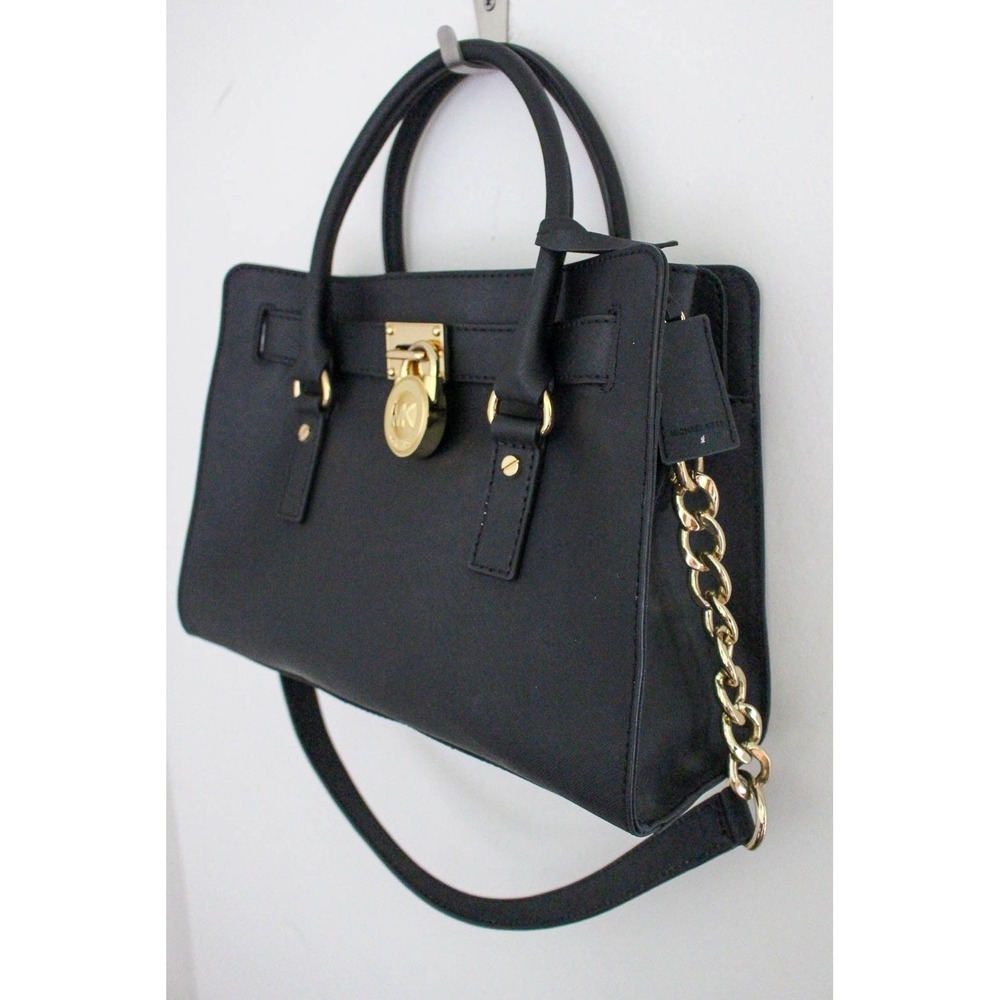 Michael Kors Hamilton East West Satchel Handbag Black Saffiano Leather Gold Tone - Picture 4 of 11
